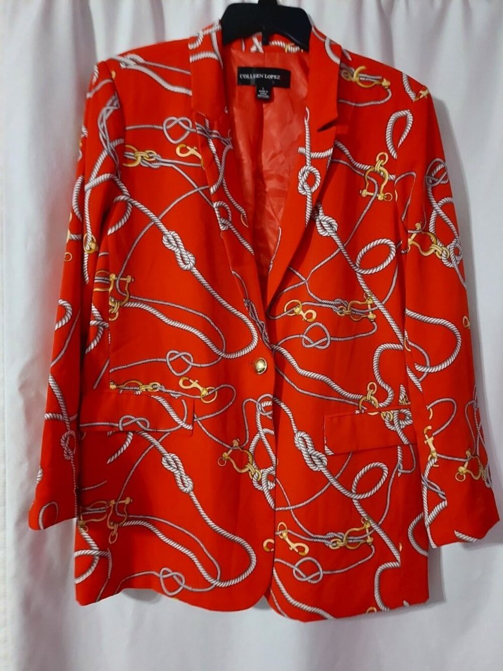 Colleen Lopez Womens Red Jacket Size Large Equestrian Print Button Blazer